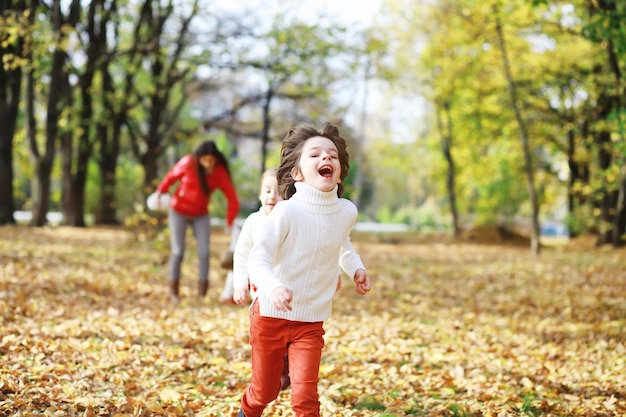 Crianças para passear no parque de outono folha cai no parque family fall happiness