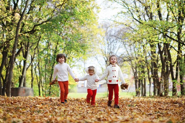 Crianças para um passeio no parque de outono. as folhas caem no parque. família. outono. felicidade.