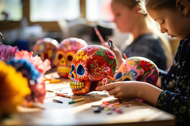 Crianças participando de uma oficina de fabricação de calaveras de papel mache