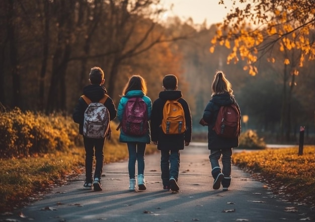 Crianças pequenas, escolares, alunos, estudantes vão para o edifício da escola.