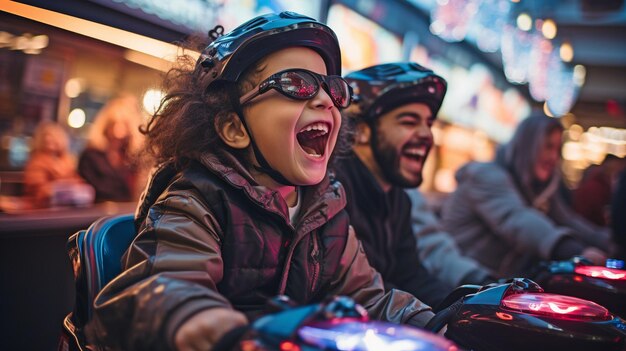 Foto crianças pequenas na sala de jogos de luzes de néon se divertindo com um jogo de motocicleta