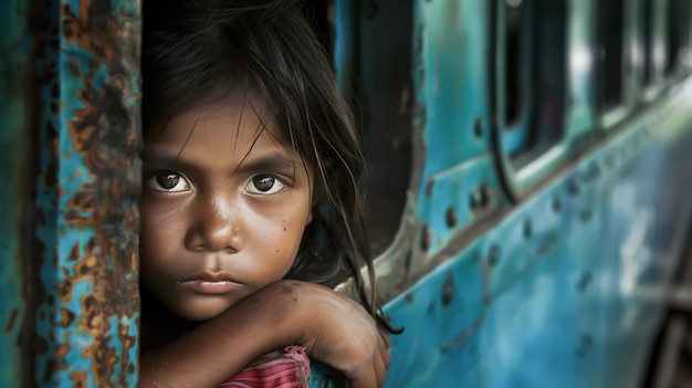 Foto crianças pequenas olham solemnemente para os olhos da câmera, refletindo inocência e vulnerabilidade.