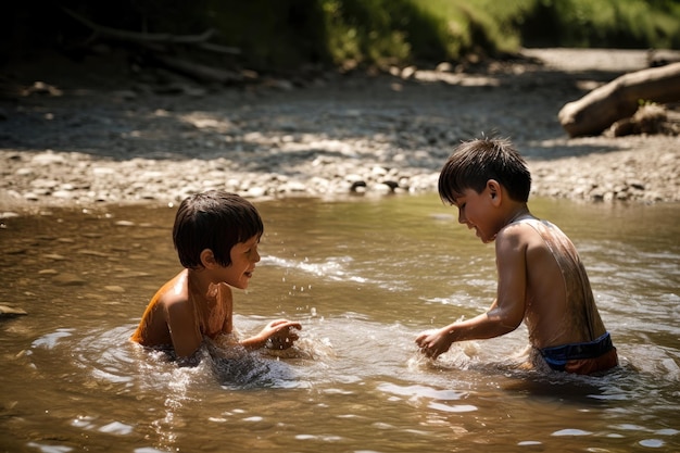 Crianças pequenas se refrescando em um rio poluído em um dia quente de verão