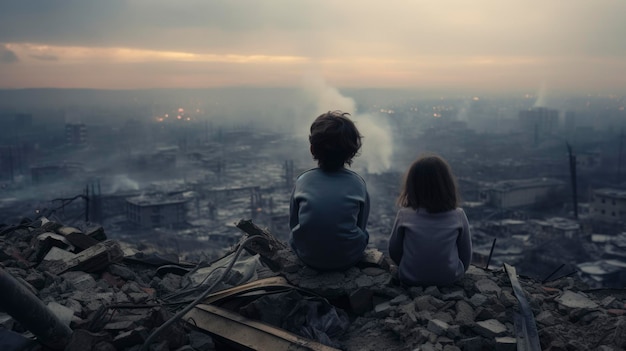Crianças pequenas um menino e uma menina numa cidade vazia e destruída refugiados da guerra sem casa e pais parar a guerra e a agressão Palestina Israel