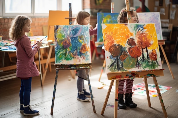 Crianças pintando em cavaletes na aula de artes