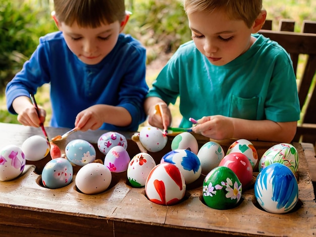 Crianças pintando ovos para a segunda-feira de Páscoa