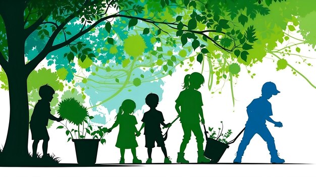 Crianças Plantando Design Criativo Mundo Ambiente e Dia da Terra Desenho e Pintura Conceito Ilustração Abstracta Design AI Generativo