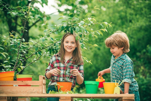 Crianças plantando flores em um vaso conceito de agricultor crianças brincam no jardim primavera