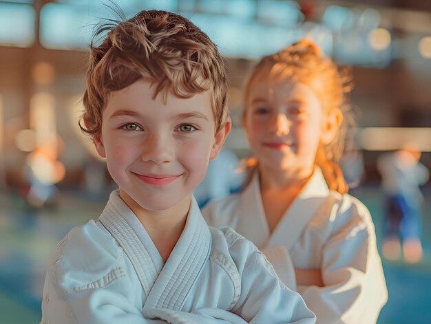 Foto crianças posando em uma sessão de treinamento de karatê conceito educação esportiva ensino de artes marciais