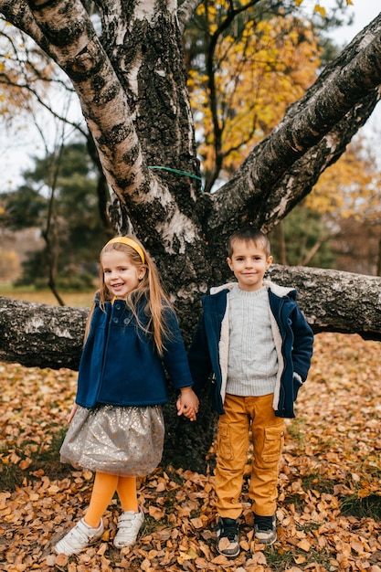 Crianças posando no parque outono