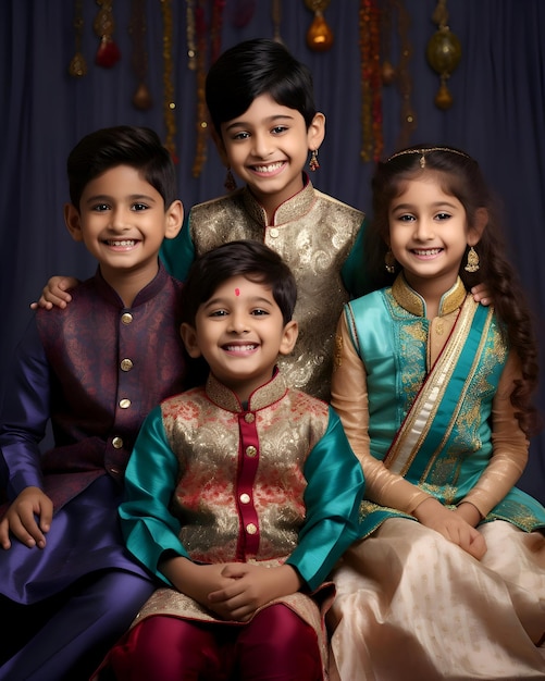 Crianças prontas com roupas étnicas para o diwali