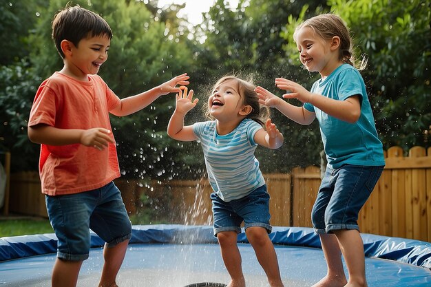 Foto crianças pulando em trampolim enquanto são pulverizadas com água no festival do dia mundial da criança