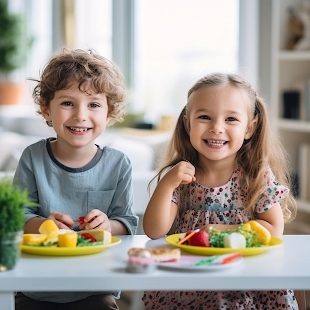 crianças que comem alimentos saudáveis em casa ou no jardim de infância