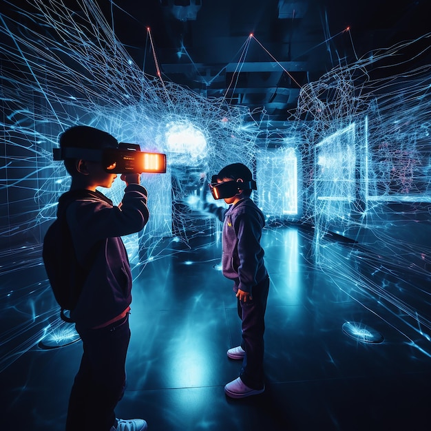 Foto crianças renderizadas em 3d com sala de laser vr atirando e brincando