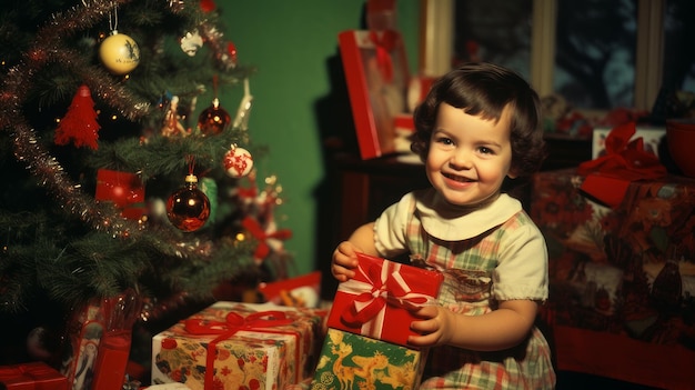 Crianças retro de Natal e presentes na árvore de Natal