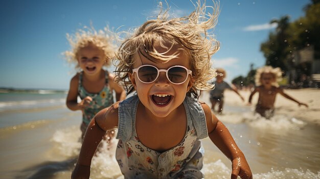 Crianças rindo curtindo a praia durante o dia