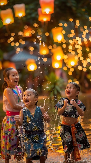 Crianças rindo de roupas tradicionais tailandesas