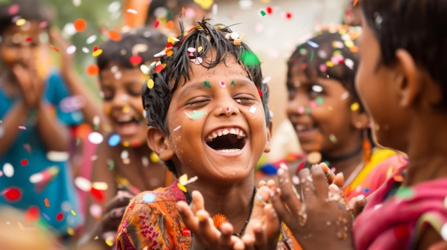 Crianças rindo e brincando durante uma celebração de festival cheia de diversão