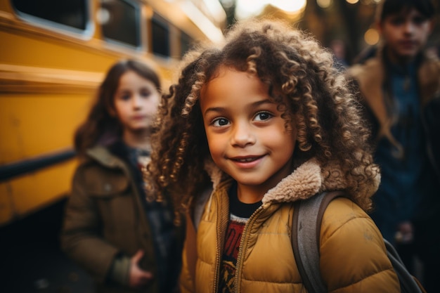 crianças saindo do ônibus escolar