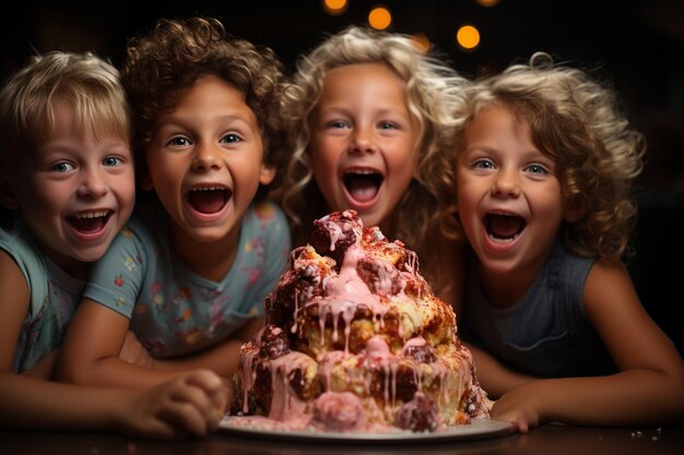 Crianças se divertem e brincam em torno do bolo