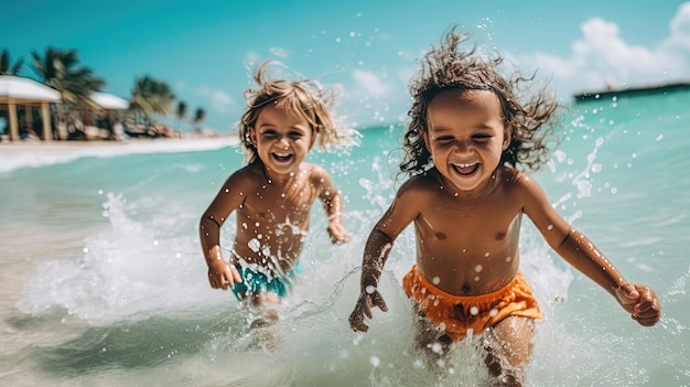 Foto crianças se divertindo nas ondas do mar adornadas com trajes de banho charmosos e vibrantes sua exuberância não conhece limites enquanto perseguem o surf gerado por ia