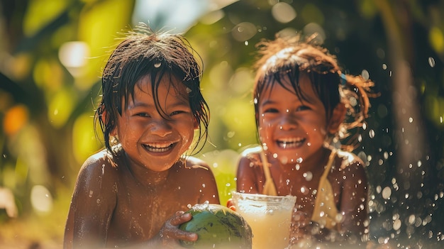 Foto crianças se refrescando com água de coco em um dia quente na praia