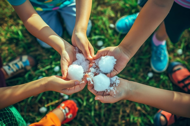 Crianças segurando granizo felizes na natureza com fundo de grama verde