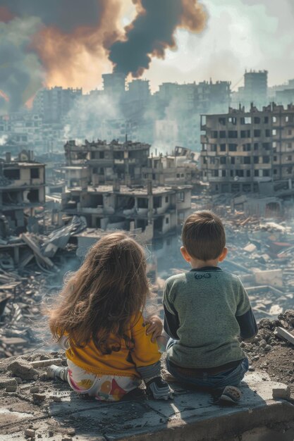 Crianças sentadas em frente a uma cidade em ruínas