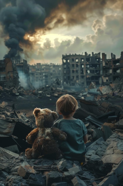 Crianças sentadas em frente a uma cidade em ruínas