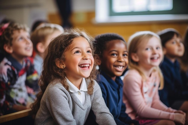 crianças sentadas em uma sala de aula, sorrindo e rindo