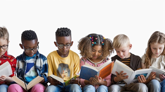 Crianças sentadas num sofá a ler livros.