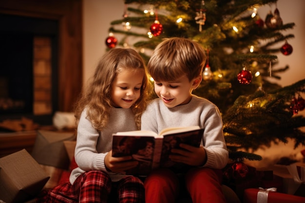 Crianças sentam-se em frente à árvore de Natal na sala de estar e lêem um livro