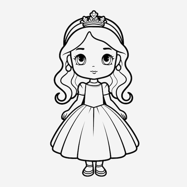 Crianças Simples Página para Colorir Ilustração em Vetor Plana de uma Princesa Bonita com Linhas Nítidas