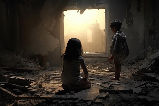 Crianças sofrem numa casa em ruínas que simboliza a destruição das guerras