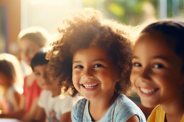 Crianças sorridente estudando em uma sala de aula com felicidade e foco