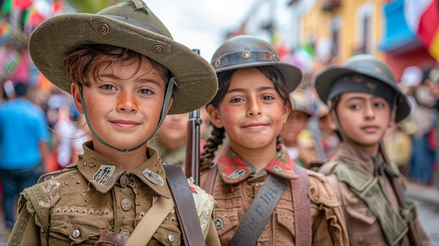 Crianças sorridente vestidas com uniformes militares em um desfile de festival cultural com fundo colorido