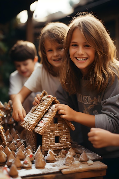 Foto crianças sorrindo a construir uma casa de pão de gengibre