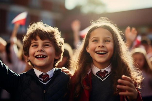 crianças sorrindo e rindo na frente de uma multidão de pessoas