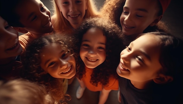 Crianças sorrindo felizes brincando ao ar livre na natureza gerada por IA