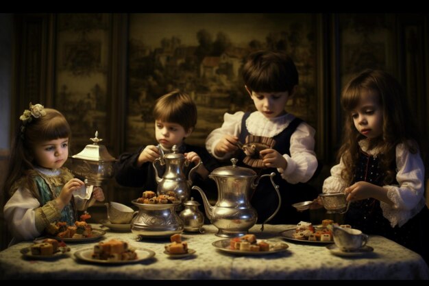 Crianças tendo uma festa de chá