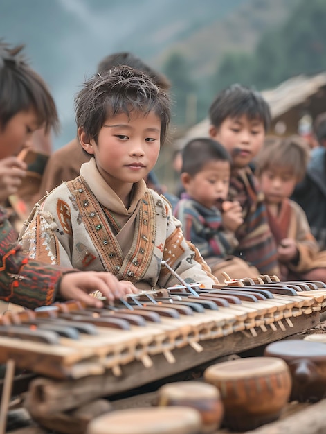 Crianças tocando instrumentos musicais tradicionais no Thim Neighbor Holiday Creative Background