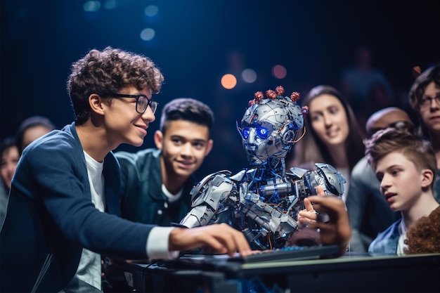 Foto crianças trabalhando em um projeto de tecnologia na escola criando brinquedos de inteligência artificial robótica