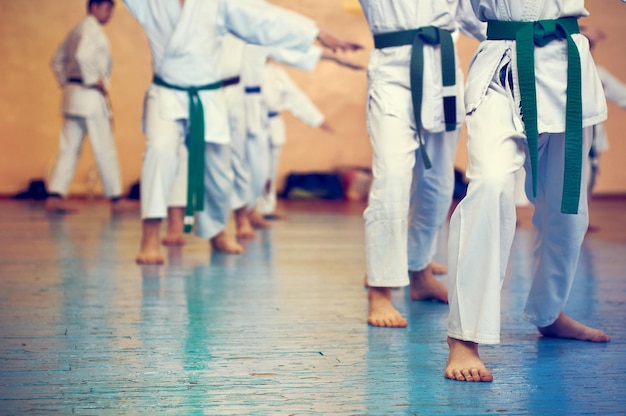 Crianças treinando karatedo Jovens atletas em quimonos tradicionalmente brancos com cintos coloridos Banner com espaço para texto Estilo retrô Para páginas da web ou impressão de publicidade Foto sem rostos