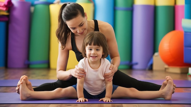 Crianças treinando professor de ioga com uma criança em uma postura de hanumanasana