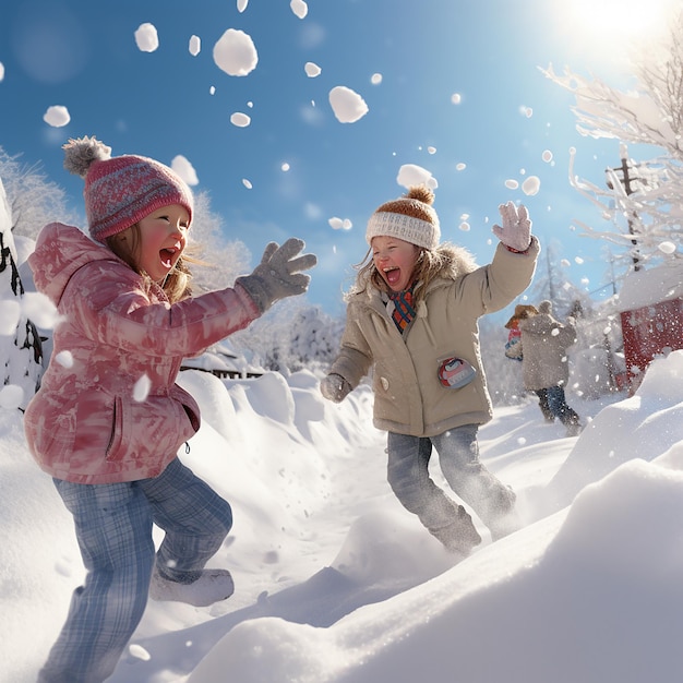 Crianças ultra-realistas em 3D brincando e se divertindo na neve