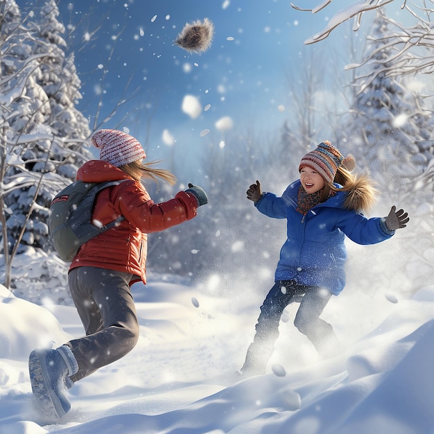 Crianças ultra-realistas em 3D brincando e se divertindo na neve