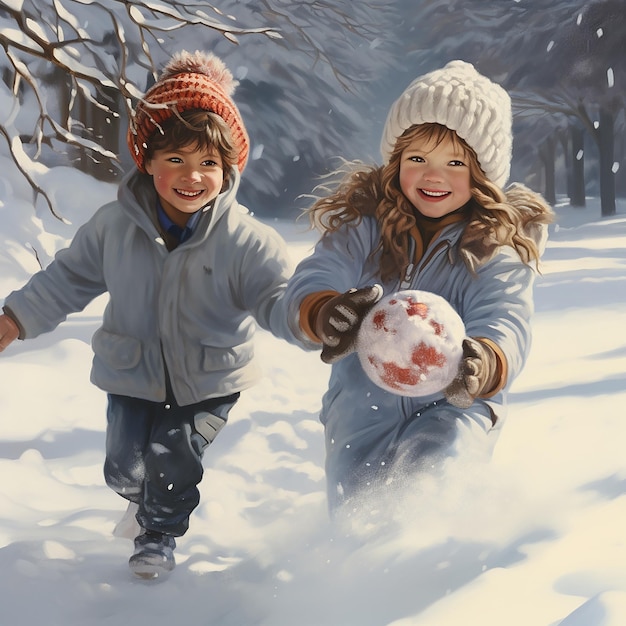 Crianças ultra-realistas em 3D brincando e se divertindo na neve