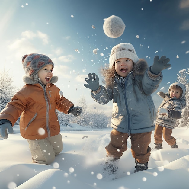 Crianças ultra-realistas em 3D brincando e se divertindo na neve