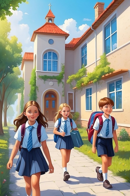Crianças vão para a escola no novo ano escolar