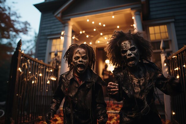 Foto crianças vestidas como monstros clássicos como vampiros e esqueletos assustadores no halloween